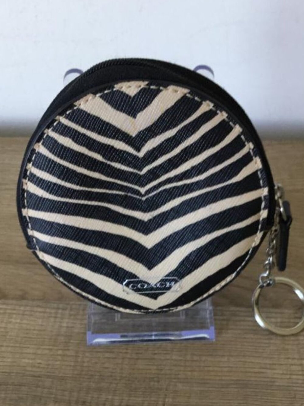 Coach Zebra Print Round Coin Purse Key Ring Black and Cream Animal Print Pattern